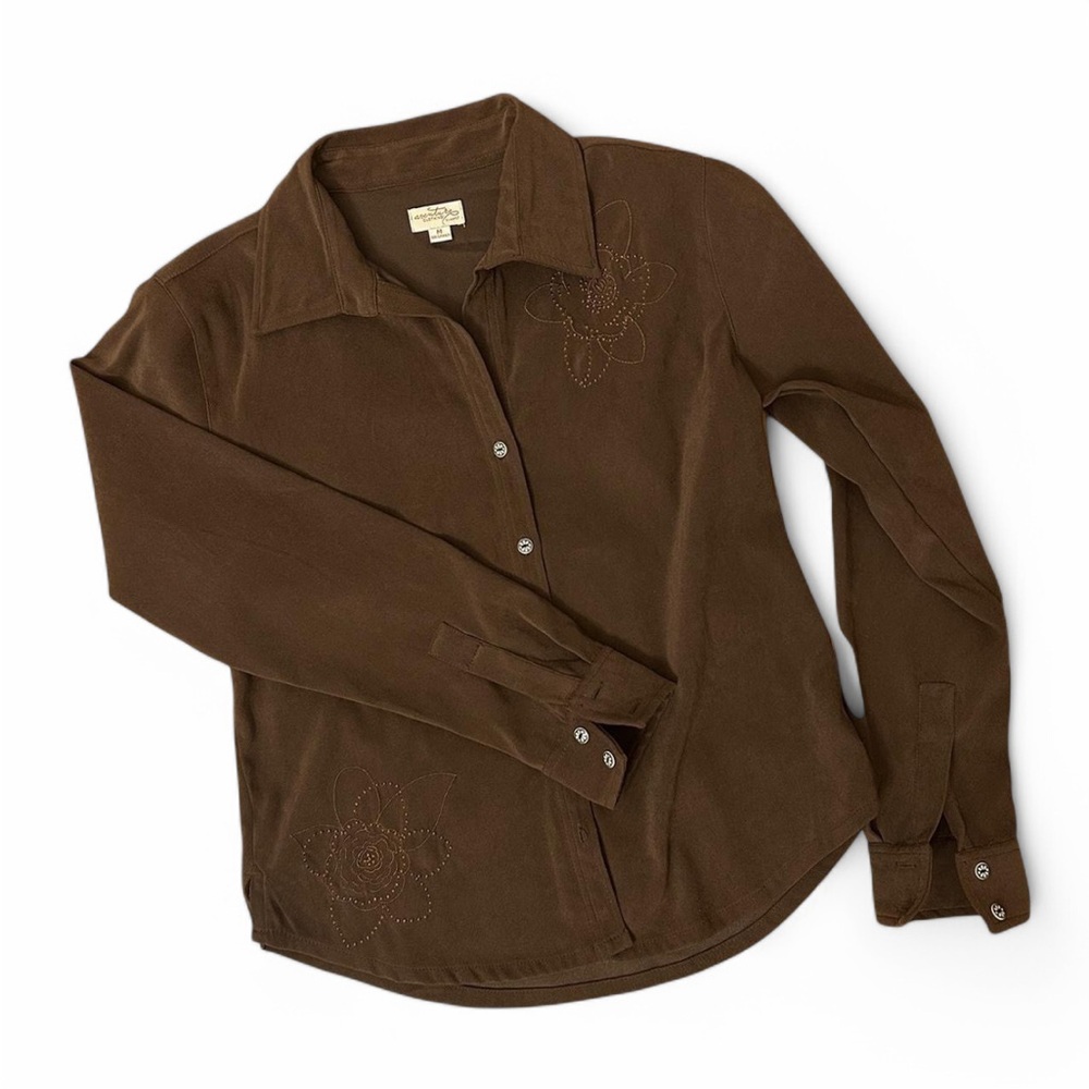 Brown Floral Embroidered Button-Up
